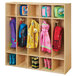 A natural wooden Young Time 5-section coat locker with different backpacks and bags inside.
