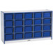 A blue and white Rainbow Accents storage cabinet with blue trays on shelves.