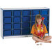 A young girl sitting in front of a Rainbow Accents blue and gray storage unit with blue trays.
