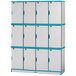 A teal, white, and gray Rainbow Accents triple stack locker with 12 sections.