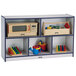 A Rainbow Accents mobile storage cabinet with toys on shelves.