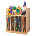 A Jonti-Craft wooden book display cart with a wooden shelf holding books and puppets.