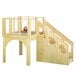 A Jonti-Craft wooden play loft with stairs and a slide.