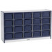 A white and blue Rainbow Accents mobile storage unit with cubbies.