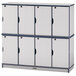 A white rectangular Rainbow Accents locker with navy trim and double stacked doors.