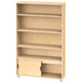 A natural wooden bookcase with two shelves and a door.