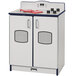 A navy and white Rainbow Accents kitchen play set with a toy stove and two doors.
