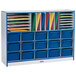 A blue and white Rainbow Accents storage unit with blue trays holding different colored folders.