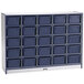 A blue Rainbow Accents storage cabinet with navy trays inside.