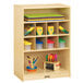 A Jonti-Craft wooden mobile storage unit filled with various colored supplies.
