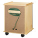 A Jonti-Craft wooden laptop and tablet storage cart with a green power cord hanging from it.