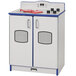 A white and blue Rainbow Accents toy kitchen stove.