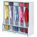 A teal Rainbow Accents 5-section coat locker filled with colorful coats and boots.