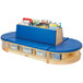 A Jonti-Craft wood couch with blue padded seating and clear trays.
