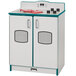 A white and teal Rainbow Accents toy kitchen stove with freckled-gray accents.