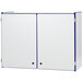 A blue and white Rainbow Accents wall-mount storage cabinet with two doors.
