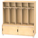 A wooden locker with four compartments and two shelves.