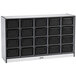 A black and grey Rainbow Accents storage cabinet with black cubbies.