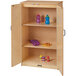 A Jonti-Craft wooden refrigerator cabinet with toys on shelves.