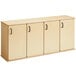 A natural wooden Young Time classroom locker with three doors.