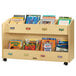 A Jonti-Craft wooden mobile book organizer filled with books.