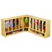 A Jonti-Craft Baltic Birch toddler-height coat locker with different clothes and shoes inside.