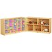 A Jonti-Craft wooden storage cabinet with clear bins holding toys.