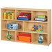 A Young Time natural wooden shelf with toys on it.