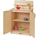 A Jonti-Craft wooden school age kitchen cupboard with shelves.