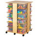 A Jonti-Craft wooden storage cart with colored plastic bins inside.