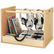 A Jonti-Craft wooden classroom audio and headphone caddie with headphones and books on it.