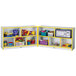 A white and yellow Rainbow Accents mobile storage cabinet filled with toys.