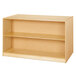 A Jonti-Craft wooden mobile storage island with shelves on both sides.