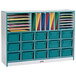 A Rainbow Accents teal storage cabinet with teal trays and drawers.