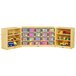 A Jonti-Craft wooden mobile storage cabinet with clear trays holding toys.