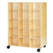A Jonti-Craft wooden mobile storage cabinet with black wheels.