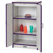 A purple and white Rainbow Accents metal storage cabinet with shelves holding a plate of cake and water bottles.