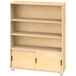 A wooden bookcase with three shelves and storage.