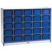 A blue and white Rainbow Accents storage unit with blue plastic bins.