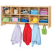 A Young Time natural wood wall mounted coat locker with 10 sections holding bags and coats.
