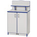 A white and blue Rainbow Accents kitchen cupboard with two doors.