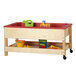 A Jonti-Craft wooden sensory table with toys on it.