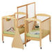 A Jonti-Craft hard maple wood crib divider with see-through wooden sides and a teddy bear inside.