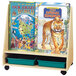 A Jonti-Craft mobile wood book stand with a shelf of books and a tiger on the front.
