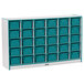 A white and teal storage unit with teal bins on the shelves.