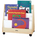 A Jonti-Craft mobile double-sided wooden book rack with books on it.