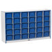 A white and blue Rainbow Accents mobile storage cabinet with blue bins.