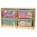 A Jonti-Craft wooden storage cabinet with plastic bins filled with toys.