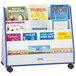 A blue and white mobile double-sided book stand with many children's books on it.