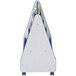 A blue Rainbow Accents mobile double-sided book stand with white edges and wheels.